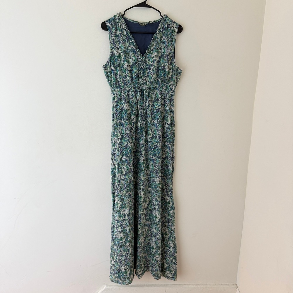Eddie Bauer Cotton Gauze Maxi Dress 8 Blue Green Paisley Ruffle Boho Sleeveless